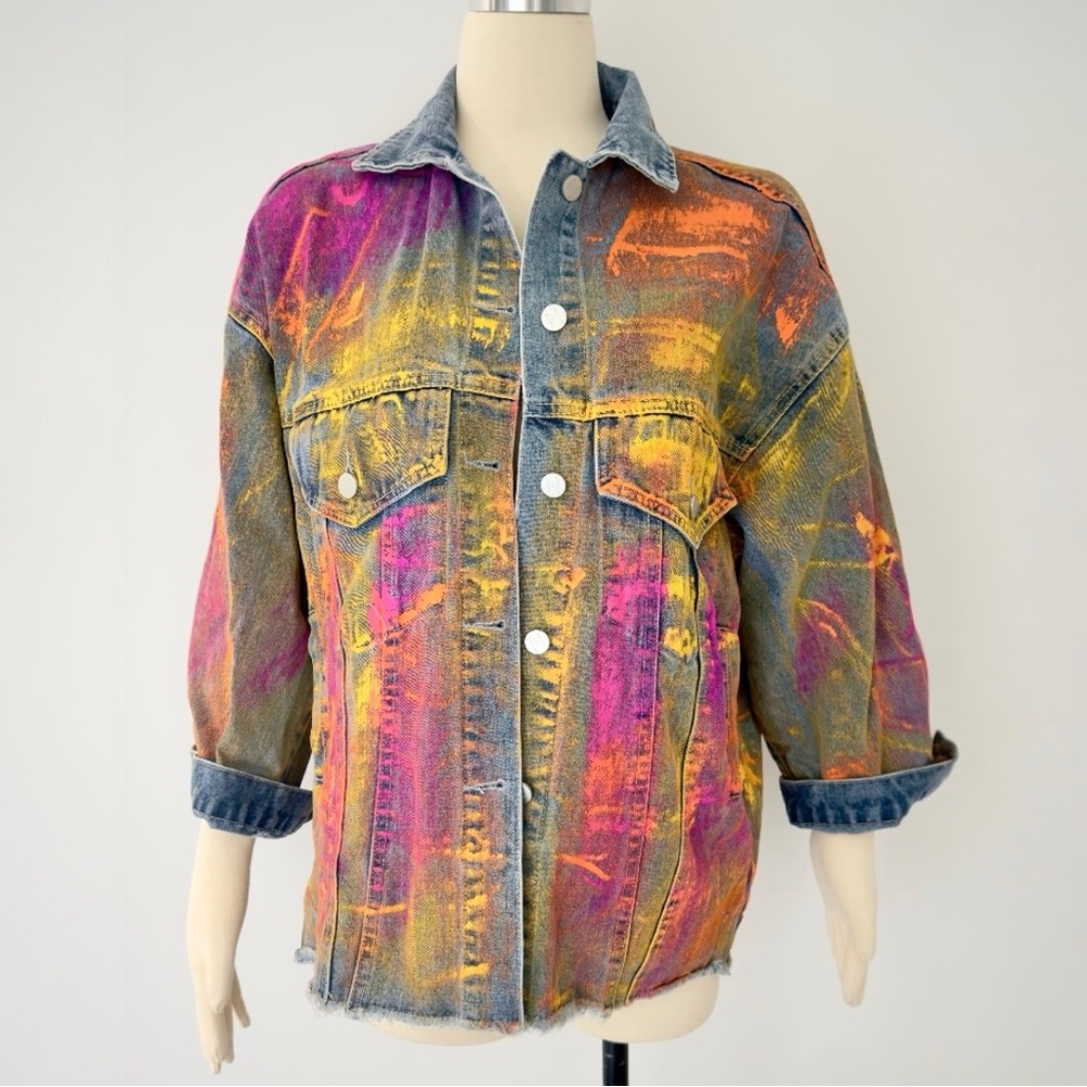 Beulah Splattered Paint Pollock Painted Oversized Distressed Denim Jean Jacket - Picture 11 of 16